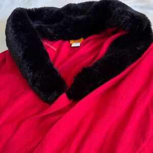 Chic Red Women's Cardigan with Black Faux Fur Collar